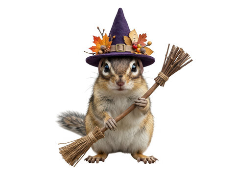 Cute chipmunk holding a witch broom wearing a purple hat isolated on transparent background. Perfect for autumn.