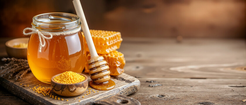 Organic golden honey in glass jar with wooden dipper, fresh honeycomb and bee pollen on rustic board, natural sweet nectar for healthy breakfast