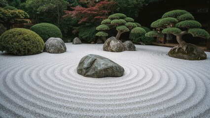 Obraz premium A traditional Japanese Zen garden featuring rocks, pruned trees, and a precisely raked gravel pattern.