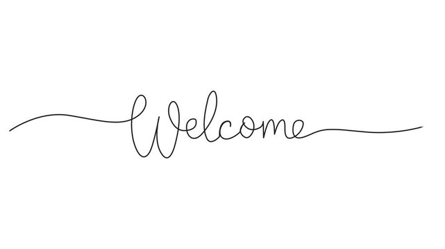 welcome animated continuous single one line art drawn animation phrase on white black background. hand drawing of word text welcome, welcome animated continuous single one line art drawn animation