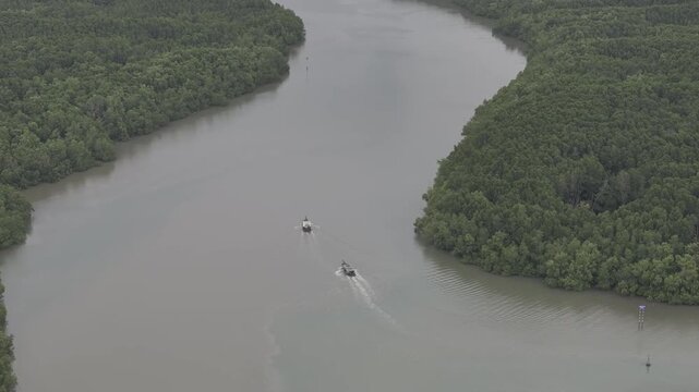 Aerial drone footage of Can Gio Mangrove Forest and winding rivers in Ho Chi Minh City, Vietnam, showcasing UNESCO biosphere reserve, lush wetlands and pristine tropical landscape.