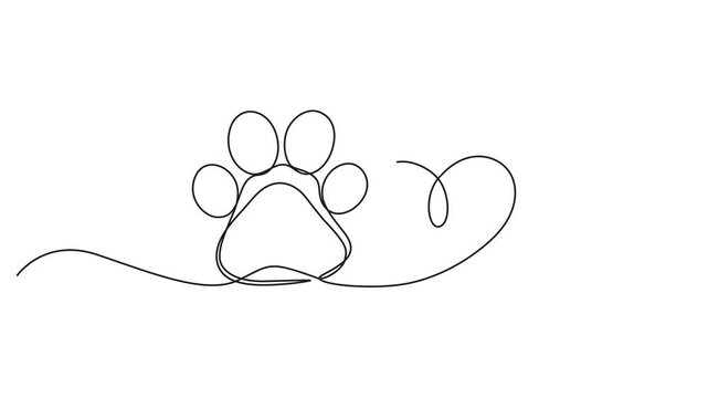 Dog or cat paw footprint and heart continuous one line drawing animation, Video. Dog and cat paw hearts drawn in one continuous line. Dog paw prints in a heart frame in a simple linear style. Concept