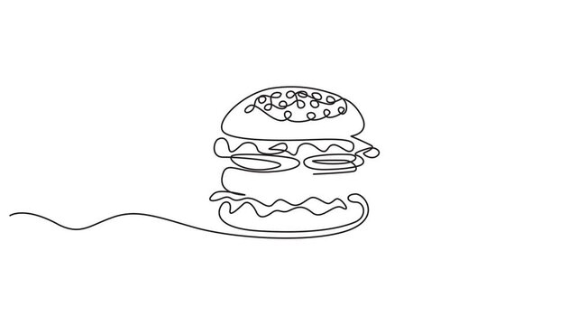 continuous line of burgers. line drawing of stuffed burger isolated. one line Icon drawing with white background, Single line drawing of a hamburger food illustration. Continuous one line drawing