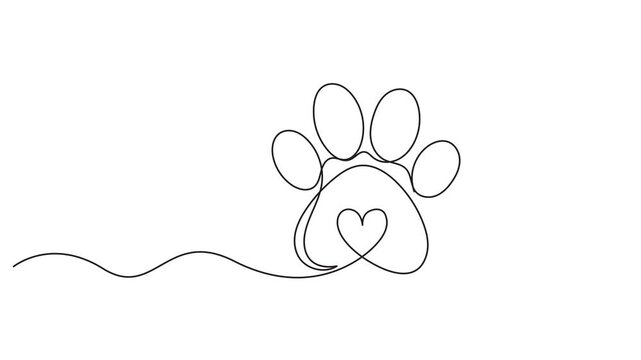 Dog or cat paw footprint and heart continuous one line drawing animation, Video. Dog and cat paw hearts drawn in one continuous line. Dog paw prints in a heart frame in a simple linear style. Concept