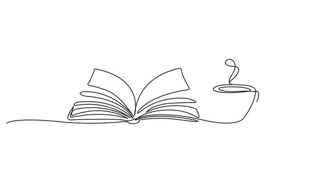 One Line Drawing of Open Book, Pen and Coffee Cup. Writing and Creativity Concept, A single continuous line drawing depicts a steaming cup of coffee and an open book, illustrating the joy of reading