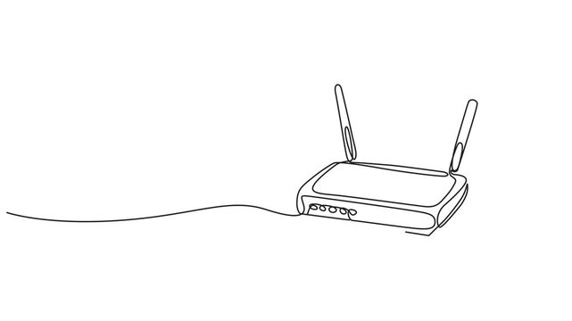 router animation continuous one line drawing, depicting network connectivity and digital communication, Animated self drawing of continuous line draw WI-FI wireless connection signal and shared