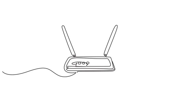 router animation continuous one line drawing, depicting network connectivity and digital communication, Animated self drawing of continuous line draw WI-FI wireless connection signal and shared
