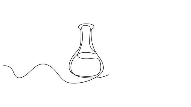 Animated self drawing of Continuous one line drawing of three laboratory flasks with liquid representing scientific experiments and research vector,