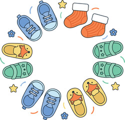 Cute Baby Footwear Circle Frame with Colorful Cartoon Sneakers Socks Fox Slippers Sandals and Star Elements for Nursery Vector Designs