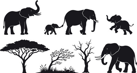 African wildlife silhouette collection featuring elephants, acacia trees, safari landscape, and nature elements in detailed black vector illustration © Danial
