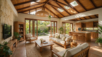 Fototapeta premium Balinese Resort Style Living Room and Kitchen Interior
