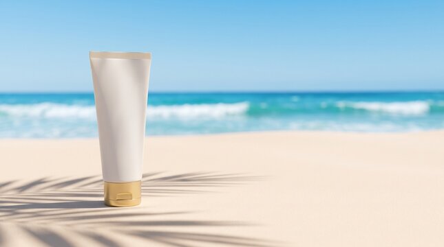 Sunscreen bottle on sand with ocean view in summer sunlight  
