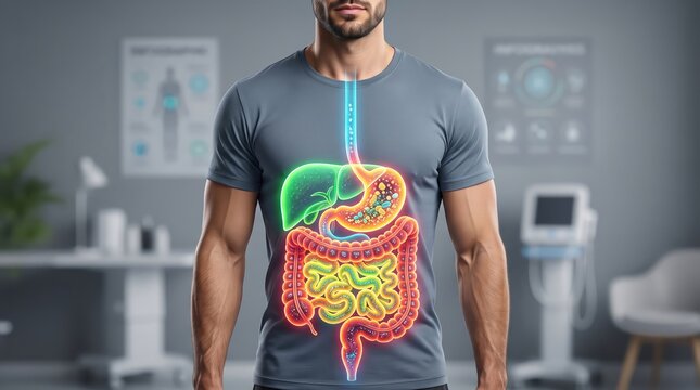 Muscular male torso displaying glowing human digestive system anatomy for medical education with against clinical background vibrant glowing digital