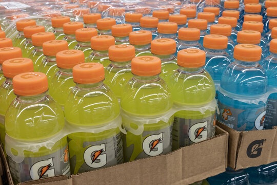 Gatorade drink display. Gatorade is a sports drink under PepsiCo and replaces electrolytes that athletes lose in sweat.