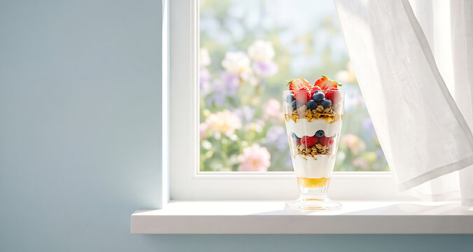 Berry granola parfait in a glass on a sunny windowsill with flowers in the background