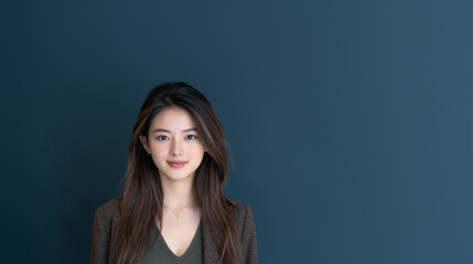 Obraz premium young half chinese half filipina accountant portrait on dark blue background, professional asian accountant profile picture with dark blue background