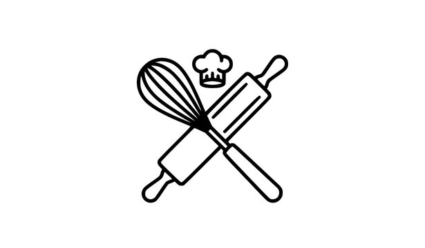 Minimal Crossed Rolling Pin Whisk and Chef Hat Line Vector Icon