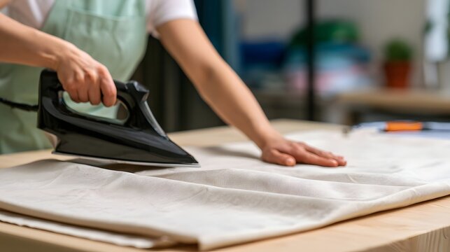 A person using an iron to press fabric on a wooden table in a well lit indoor space  focusing on methodical task execution