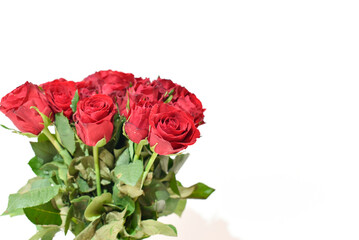 Fototapeta premium ouquet of red roses on a white background, space for text. Card design