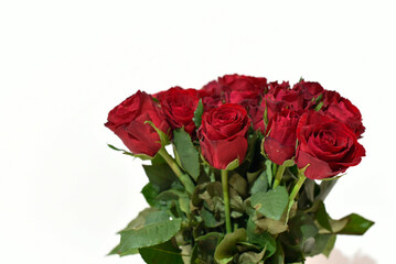 Fototapeta premium ouquet of red roses on a white background, space for text. Card design