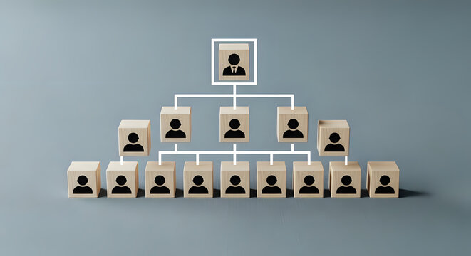 Corporate organizational chart hierarchy representation with wooden blocks on grey background, hierarchy