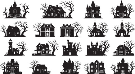 Fototapeta premium Black and white haunted houses with bare trees vector illustration