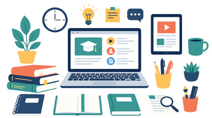 Fototapeta premium A stylized illustration of a blue spiral notebook and a teal pen on a clean white background, providing ample copy space for educational or organizational marketing.