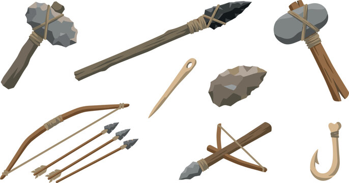 Stone Age Primitive Weapon and Hunting Tool Icon Set Featuring Prehistoric Spear, Axe, Bow, Arrow, Crossbow, Hook, and Needle Vector Illustration