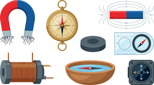 Magnetism and Navigation Physics Icon Set Featuring Horseshoe Magnet, Compass, Electromagnetic Coil, Bar Magnet Field Lines, and Navigation Tools Vector Illustration
