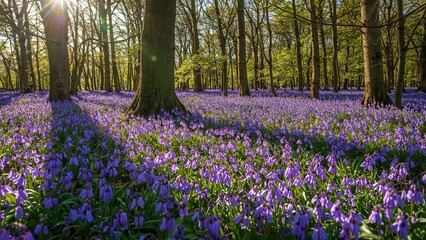 Obraz premium A forest with trees and a ground covered in purple flowers, sunlight filtering through the branches.