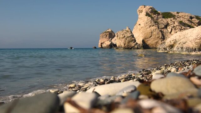   Sea waves washing Pissouri beach rocky shoreline in Cyprus