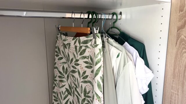 Close-up of a wardrobe with a hanger rod, in which things hang, in which a woman's hand hangs a white skirt with a leaf print on a hanger. Business style, choice of clothes, storage of things, women's