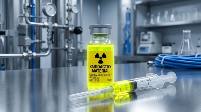 Radioactive material vial and syringe placed on sterile stainless steel laboratory workbench surface with radioactive liquid alongside bright yellow radioactive