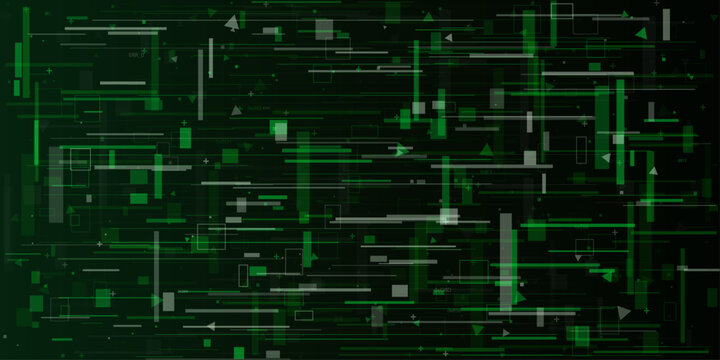 Abstract dark green matrix glitch background with digital hud data blocks