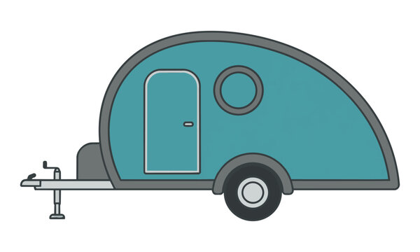 Minimalist side-profile of a teardrop camping trailer with a sleek curved body, single round window, and rounded wheel, in a clean flat design, isolated on white. Travel and adventure concept