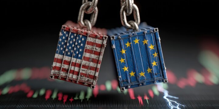 US and EU shipping containers, suspended by chains, against a backdrop of financial charts showing market trends