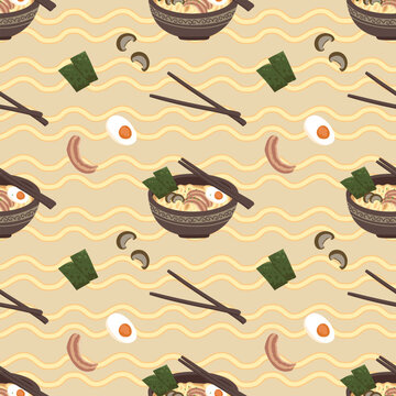 Fun ramen noodle texture seamless pattern, cartoon japanese food ingredient background on beige