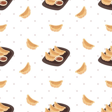 Cute gyoza dumpling seamless pattern, cartoon japanese asian food background on white