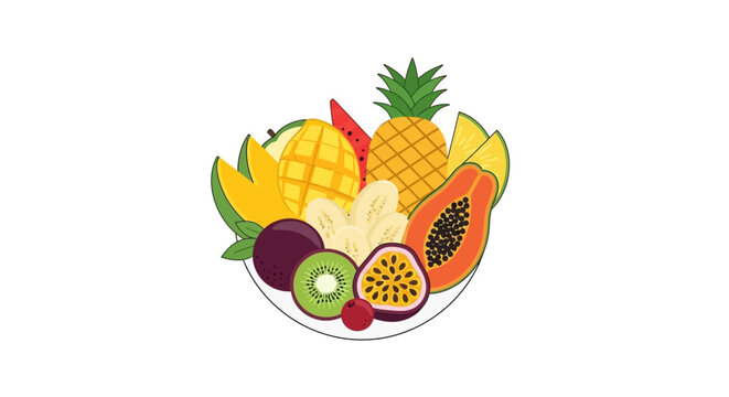 Colorful exotic fruit bowl illustration.