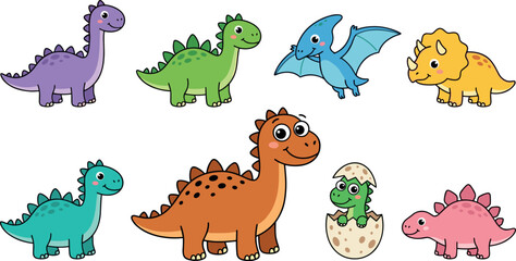 Cute Dinosaur Vector Set with Cartoon Prehistoric Characters Featuring Brontosaurus Stegosaurus Pterodactyl Triceratops Spinosaurus and Baby Dino Hatching from Egg Designs © imran