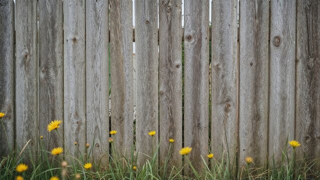 Weathered wooden fence with yellow dandelions growing at the base. Nature and outdoor scene, rustic and simple.