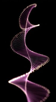 Abstract depiction of a DNA helix, rendered in glowing, dotted lines of  pink-purple against a black background
