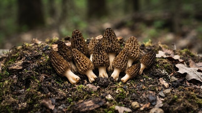 Group of wild morel mushrooms growing on dark forest soil surrounded by green moss and dead leaves.