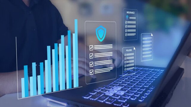 Digital insurance policy documents on laptop cybersecurity protection, risk management, compliance verification, data security, financial planning, corporate insurance solutions. 