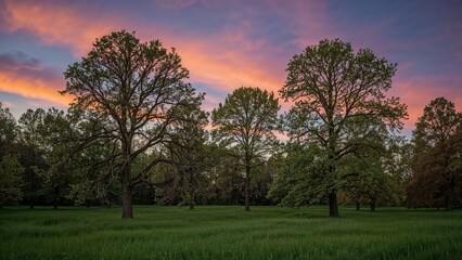 Naklejka premium A sunset sky with clouds over a park with large trees and green grass.