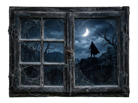 A spooky silhouette stands before the crescent moon framed by an old webbed window isolated on transparent background.