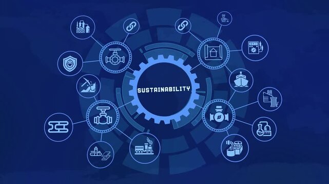 Sustainability Strategy With Industrial Infrastructure Icons for Green Operations, Resource Efficiency and Environmental Responsibility.