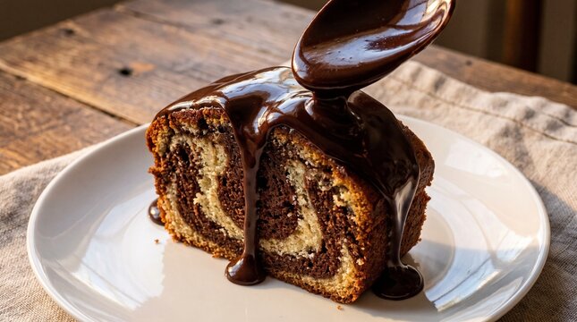 Chocolate Glaze Drizzling Over Slice of Marble Cake
