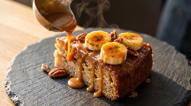 Caramel Sauce Drizzling Over Slice of Br&ucirc;l&eacute;ed Banana Cake