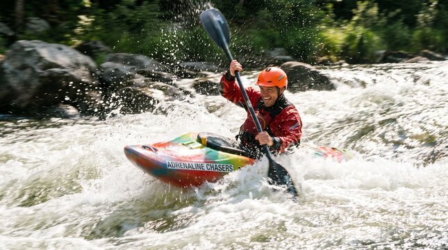 Kayaker Navigating Whitewater Rapids on Mountain River